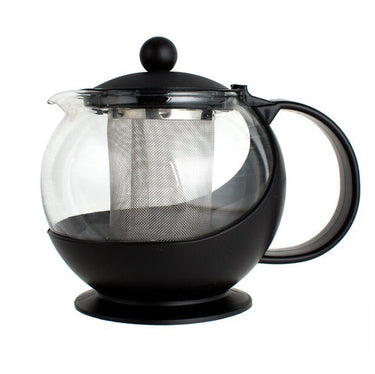 The Steep in Style Tempered Glass Teapot features a black handle, lid, and base with a stainless steel infuser for loose-leaf tea. It is shown against a plain white background.